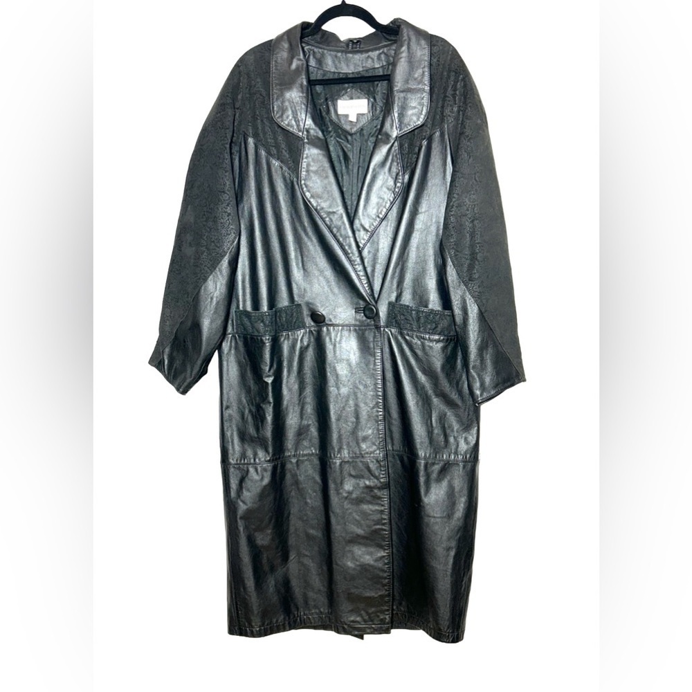 Vintage Charles Klein Leather Double-Breasted Trench Coat, Suede Details, 18 1/2
